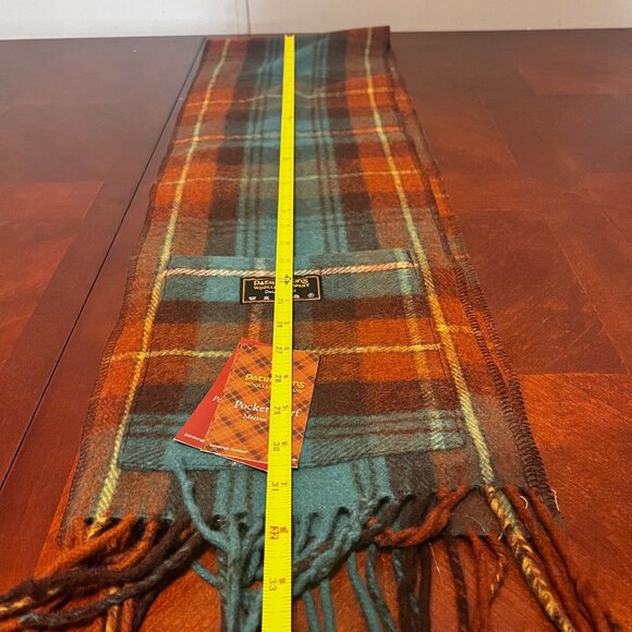 Patrick King Wool Pocket Scarf Plaid Design With Fringe Trim Brown Teal scotish - Picture 7 of 10